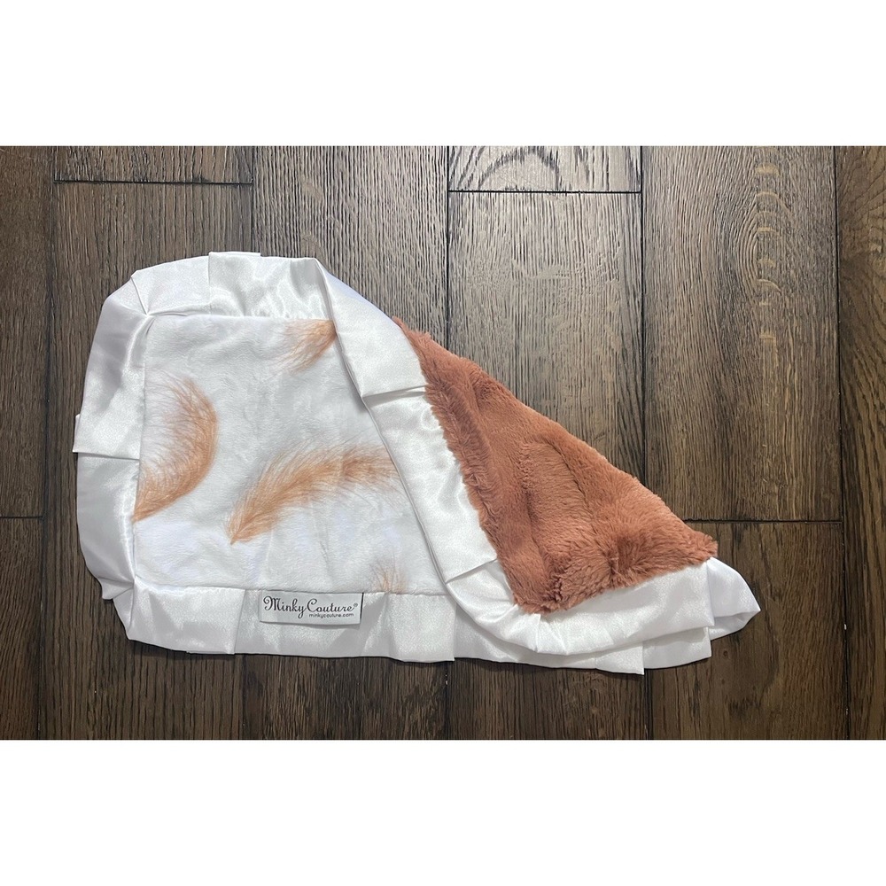 Minky Couture Brown & Feather Baby Security Blanket Lovey Satin Soft 11x20